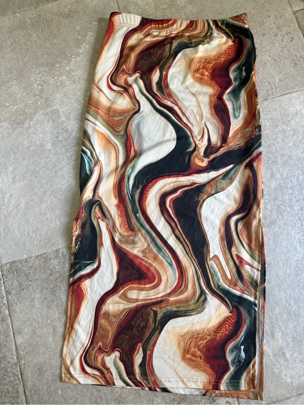 SHEIN Marble-Print Midi Skirt in Cream, Rust & Forest